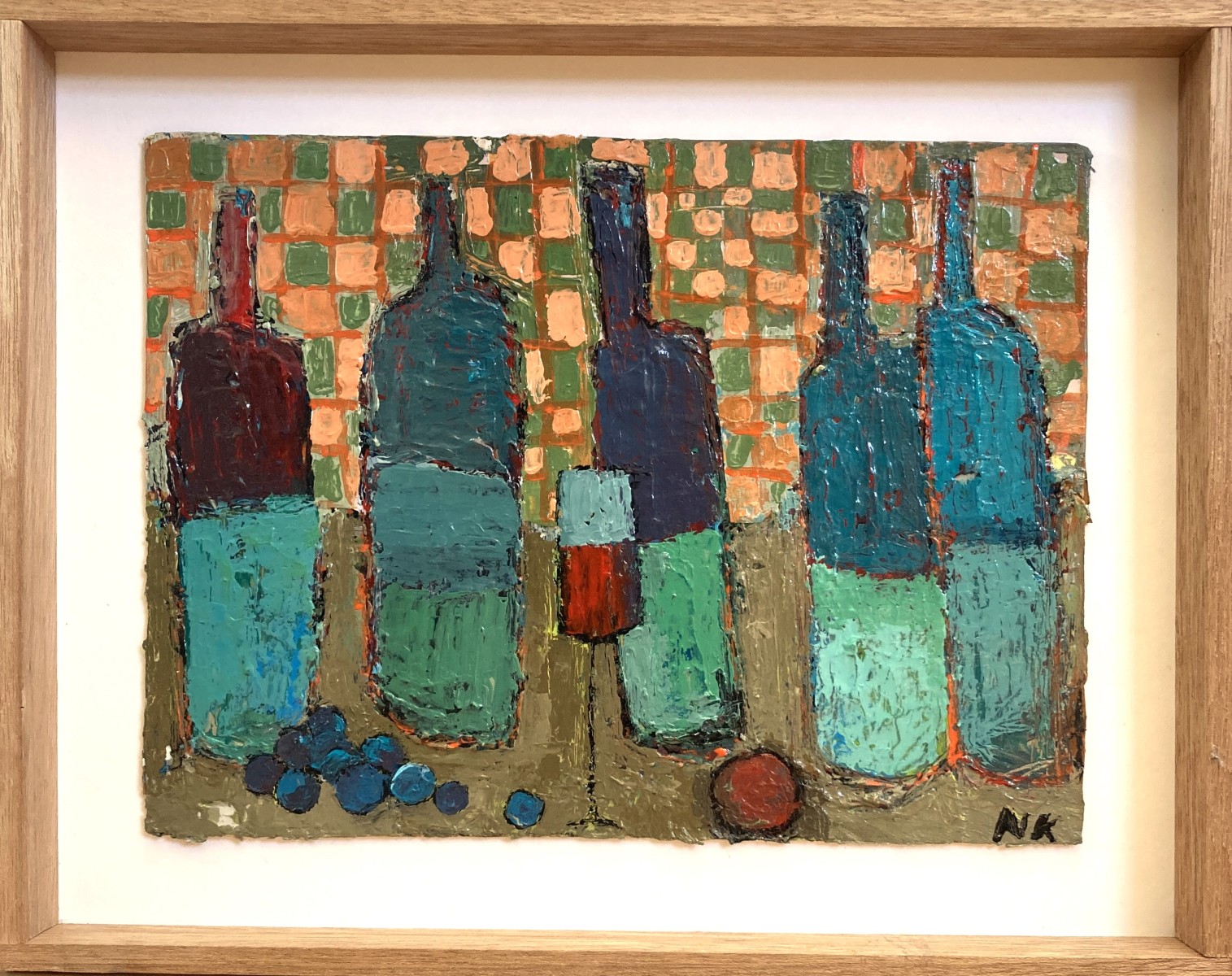 BOUTEILLES ET DAMIER ORANGE ET VERT, de Germain Henneka The Art Cycle