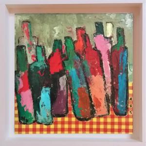 Bouteilles a la nappe rouge et jaune, de Germain Henneka The Art Cycle